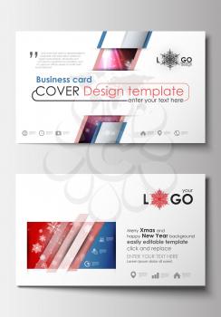 Business card templates. Cover design template, easy editable blank, abstract flat layout. Christmas decoration, vector background with shiny snowflakes.