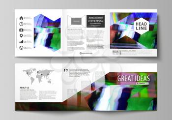Set of business templates for tri fold square design brochures. Leaflet cover, abstract flat layout, easy editable vector. Glitched background made of colorful pixel mosaic. Digital decay, signal erro