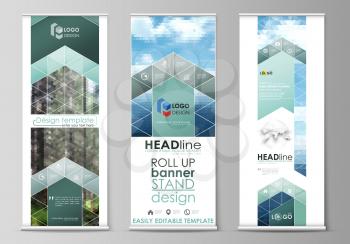 Set of roll up banner stands, flat design templates, abstract geometric style, modern business concept, corporate vertical vector flyers, flag layouts. Colorful background made of triangular or hexago
