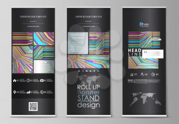 Set of roll up banner stands, flat design templates, abstract geometric style, modern business concept, corporate vertical vector flyers, flag layouts. Bright color lines, colorful style with geometri