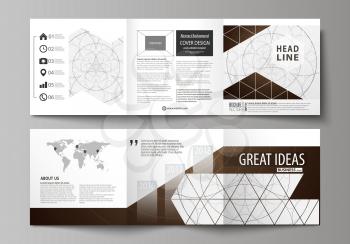Set of business templates for tri fold square design brochures. Leaflet cover, abstract flat layout, easy editable vector. Alchemical theme. Fractal art background. Sacred geometry. Mysterious relaxat