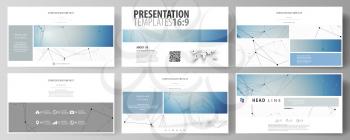 Business templates in HD format for presentation slides. Easy editable abstract vector layouts in flat design. Geometric blue color background, molecule structure, science concept. Connected lines and