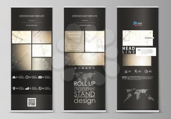 Set of roll up banner stands, flat design templates, abstract geometric style, modern business concept, corporate vertical vector flyers, flag layouts. Technology, science, medical concept. Golden dot
