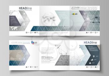 Set of business templates for tri fold square design brochures. Leaflet cover, abstract flat layout, easy editable vector. DNA and neurons molecule structure. Medicine, science, technology concept. Sc