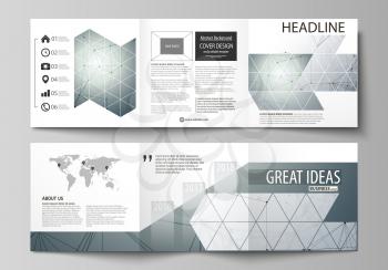 Set of business templates for tri fold square design brochures. Leaflet cover, abstract flat layout, easy editable vector. Genetic and chemical compounds. Atom, DNA and neurons. Medicine, chemistry, s