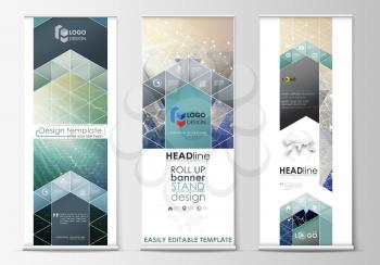 Set of roll up banner stands, flat design templates, abstract geometric style, modern business concept, corporate vertical vector flyers, flag banner layouts. Chemistry pattern, hexagonal molecule str