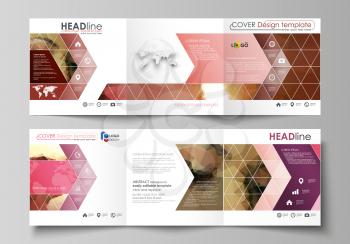 Set of business templates for tri fold square design brochures. Leaflet cover, abstract flat layout, easy editable vector. Beautiful pink color background. Geometrical colorful polygonal pattern in tr