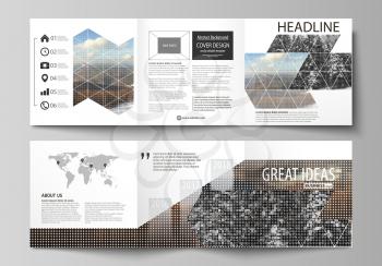 Set of business templates for tri fold square design brochures. Leaflet cover, abstract flat layout, easy editable vector. Abstract landscape of nature. Dark color pattern in vintage style, mosaic tex