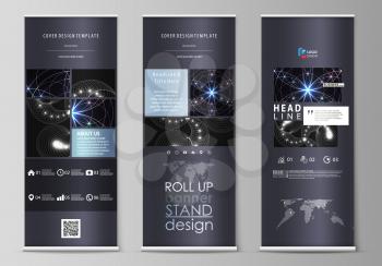 Set of roll up banner stands, flat design templates, abstract geometric style, modern business concept, corporate vertical vector flyers, flag layouts. Sacred geometry, glowing geometrical ornament. M