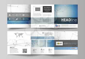 Set of business templates for tri fold square design brochures. Leaflet cover, abstract flat layout, easy editable vector. Geometric blue color background, molecule structure, science concept. Connect