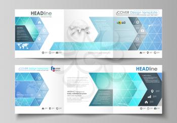 Set of business templates for tri fold square design brochures. Leaflet cover, abstract flat layout, easy editable vector. Chemistry pattern, connecting lines and dots, molecule structure, medical DNA