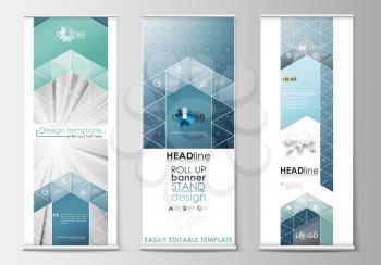 Set of roll up banner stands, flat design templates, abstract geometric style, modern business concept, corporate vertical vector flyers, flag banner layouts. Abstract blue or gray pattern with lines,