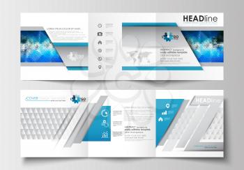 Set of business templates for tri-fold brochures. Square design. Leaflet cover, abstract flat layout, easy editable blank. Abstract triangles, blue and gray triangular background, modern polygonal vec