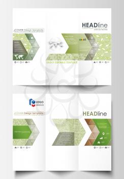 Tri-fold brochure business templates on both sides. Easy editable abstract layout in flat design, vector illustration. Green color background with leaves. Spa concept in linear style. Vector decoratio