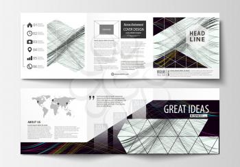 Set of business templates for tri fold square brochures. Leaflet cover, flat layout, easy editable vector. Abstract waves, lines, curves. Dark color background. Motion design
