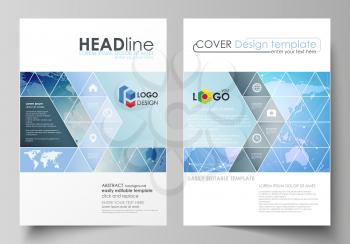 The vector illustration of the editable layout of two A4 format covers with triangles design templates for brochure, flyer, booklet. World map on blue, geometric technology design, polygonal texture