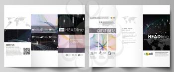 Tri-fold brochure business templates on both sides. Easy editable abstract vector layout in flat design. Colorful abstract infographic background in minimalist style made from lines, symbols, charts, 