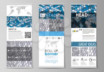 Set of roll up banner stands, flat design templates, abstract geometric style, modern business concept, corporate vertical vector flyers, flag layouts. Blue and gray color hexagons in perspective. Abs