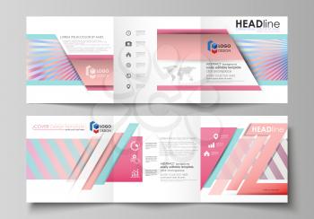 Set of business templates for tri fold square design brochures. Leaflet cover, abstract flat layout, easy editable vector. Sweet pink and blue decoration, pretty romantic design, cute candy background