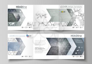 Set of business templates for tri fold square design brochures. Leaflet cover, abstract flat layout, easy editable vector. Chemistry pattern, molecular texture, polygonal molecule structure, cell. Med