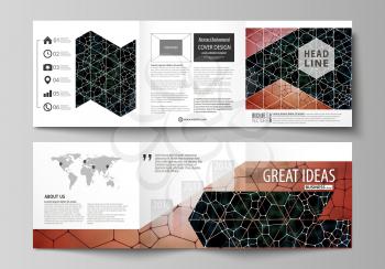 Set of business templates for tri fold square design brochures. Leaflet cover, abstract flat layout, easy editable vector. Chemistry pattern, molecular texture, polygonal molecule structure, cell. Med