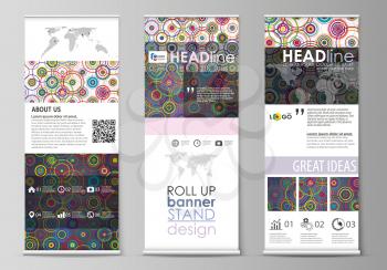 Set of roll up banner stands, flat design templates, abstract geometric style, modern business concept, corporate vertical vector flyers, flag layouts. Bright color background in minimalist style made