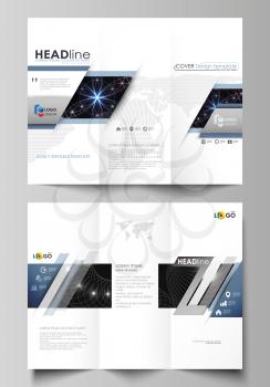 Tri-fold brochure business templates on both sides. Easy editable abstract vector layout in flat design. Sacred geometry, glowing geometrical ornament. Mystical background