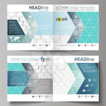 Business templates for square design bi fold brochure, magazine, flyer, booklet or annual report. Leaflet cover, abstract flat layout, easy editable vector. Chemistry pattern, hexagonal molecule struc