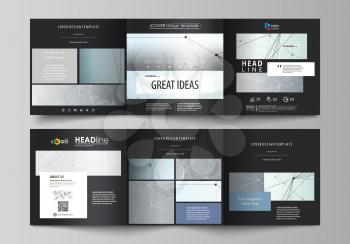 Set of business templates for tri fold square design brochures. Leaflet cover, abstract flat layout, easy editable vector. Chemistry pattern, connecting lines and dots, molecule structure, scientific 