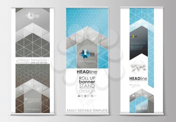 Set of roll up banner stands, flat design templates, abstract geometric style, modern business concept, corporate vertical vector flyers, flag banner layouts. Scientific medical research, chemistry pa
