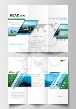 Tri-fold brochure business templates on both sides. Flat design blue color travel decoration layout, easy editable vector template, colorful blurred natural landscape