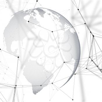 Abstract futuristic network shapes. High tech background with connecting lines and dots, polygonal linear texture. World globe on white. Global network connections, geometric design, dig data technolo