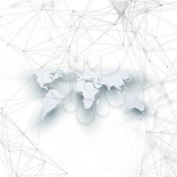 World map in perspective with shadow on white. Abstract global network connections, geometric design technology concept background. Chemistry pattern, molecule structure, connecting lines and dots