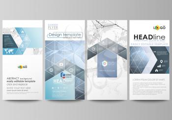 The minimalistic abstract vector illustration of the editable layout of four modern vertical banners, flyers design business templates. World globe on blue. Global network connections, lines and dots