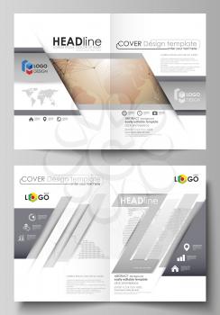 The vector illustration of the editable layout of two A4 format modern cover mockups design templates for brochure, flyer, report. Global network connections, technology background with world map