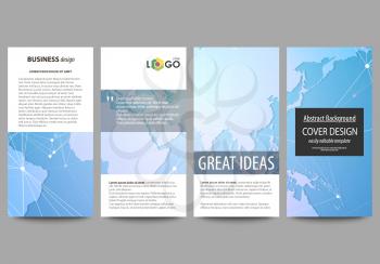 The minimalistic abstract vector illustration of the editable layout of four modern vertical banners, flyers design business templates. World map on blue, geometric technology design, polygonal textur