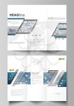 Tri-fold brochure business templates on both sides. Easy editable abstract layout in flat design, vector illustration. Blue color pattern with rhombuses, abstract design geometrical vector background.