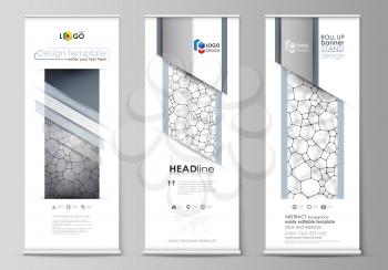 Set of roll up banner stands, flat design templates, abstract geometric style, modern business concept, corporate vertical vector flyers, flag layouts. Chemistry pattern, molecular texture, polygonal 
