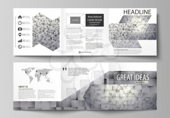 Set of business templates for tri fold square design brochures. Leaflet cover, abstract flat layout, easy editable vector. Pattern made from squares, gray background in geometrical style. Simple textu