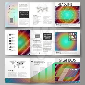 Set of business templates for tri fold square design brochures. Leaflet cover, abstract flat layout, easy editable vector. Minimalistic design with circles, diagonal lines. Geometric shapes forming be