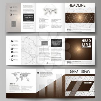 Set of business templates for tri fold square design brochures. Leaflet cover, abstract flat layout, easy editable vector. Alchemical theme. Fractal art background. Sacred geometry. Mysterious relaxat