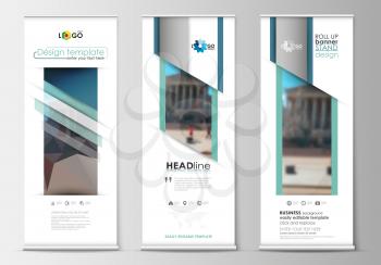 Set of roll up banner stands, flat design templates, abstract geometric style, modern business concept, corporate vertical vector flyers, flag banner layouts. Abstract background, blurred image, urban