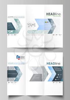 Tri-fold brochure business templates on both sides. Easy editable abstract vector layout in flat design. Minimalistic background with lines. Gray color geometric shapes forming simple beautiful patter