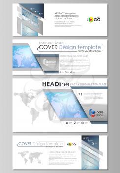 The minimalistic vector illustration of the editable layout of social media, email headers, banner design templates in popular formats. World map on blue, geometric technology design, polygonal textur