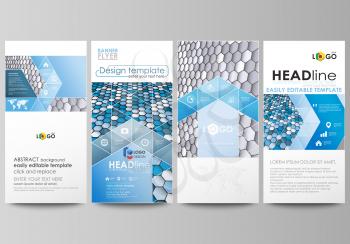 Flyers set, modern banners. Business templates. Cover design template, easy editable abstract vector layouts. Blue and gray color hexagons in perspective. Abstract polygonal style modern background.