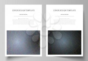 Business templates for brochure, magazine, flyer, booklet or annual report. Cover design template, easy editable vector, abstract flat layout in A4 size. Colorful dark background with abstract lines. 