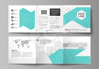 Set of business templates for tri fold square design brochures. Leaflet cover, abstract flat layout, easy editable vector. Chemistry pattern, hexagonal molecule structure on blue. Medicine, science an