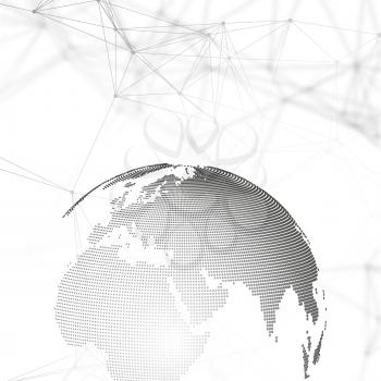 Abstract futuristic network shapes. High tech HUD background, connecting lines and dots, polygonal linear texture. World globe on gray. Global network connections, geometric design, dig data concept