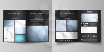 The black colored vector illustration of the editable layout of two A4 format modern covers design templates for brochure, flyer, booklet. World globe on blue. Global network connections, lines and do