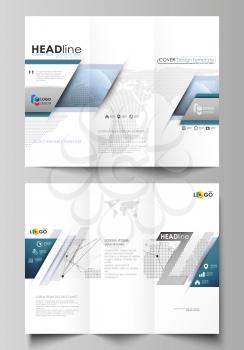 The minimalistic abstract vector illustration of the editable layout of two creative tri-fold brochure covers design business templates. World globe on blue. Global network connections, lines and dots